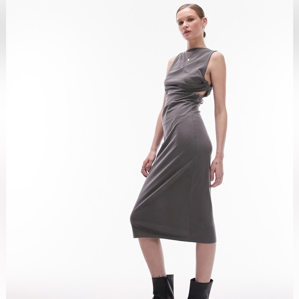 Topshop Gray Asymmetrical cutout ruched midi Dress size M - Picture 2 of 15